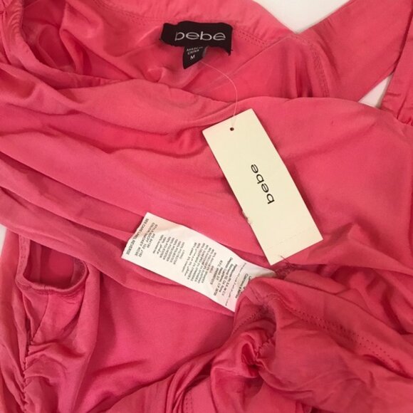 Bebe NEW Hot Pink Ruched Draped Tank Top Silky Stretch Bodycon Slimming Tank - Picture 10 of 11